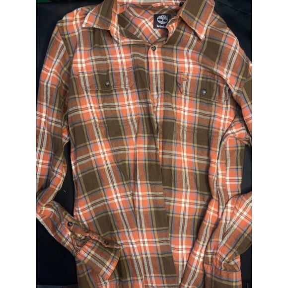Timberland Mens Brown Plaid Button Up Long‎ Sleeve Collared Shirt Size M NEW - Picture 1 of 4